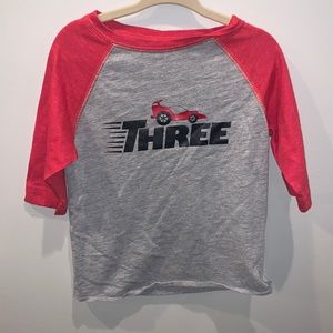 “Three” milestone birthday shirt with race car, size 2